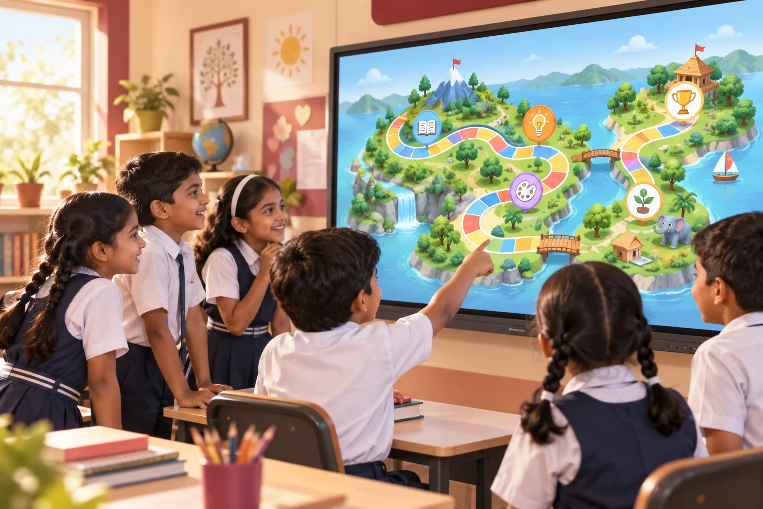 Schoolchildren exploring a learning game together