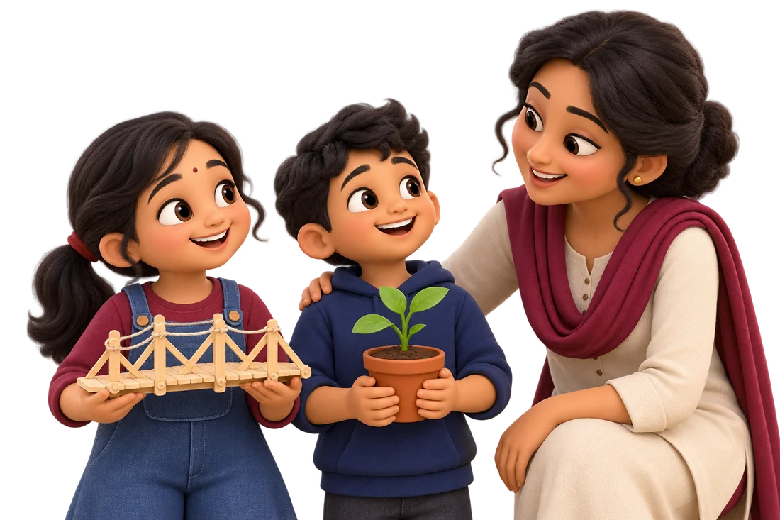 Children sharing a handmade bridge and a plant with their educator
