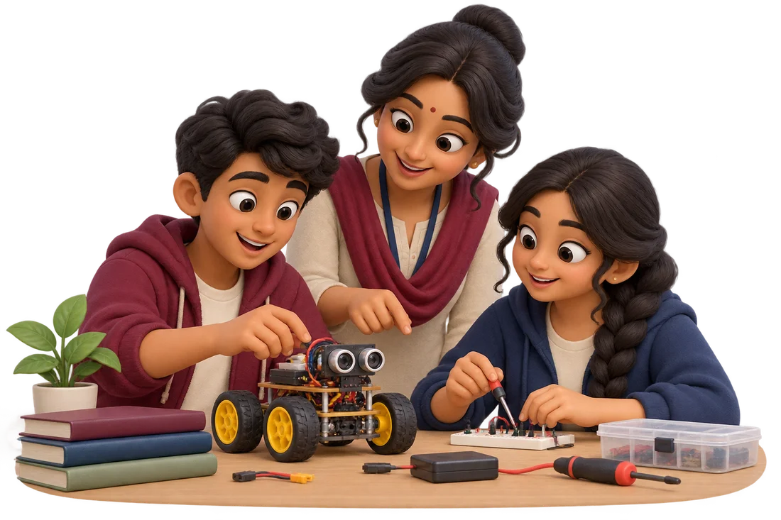 Educator and students building a small wheeled robot