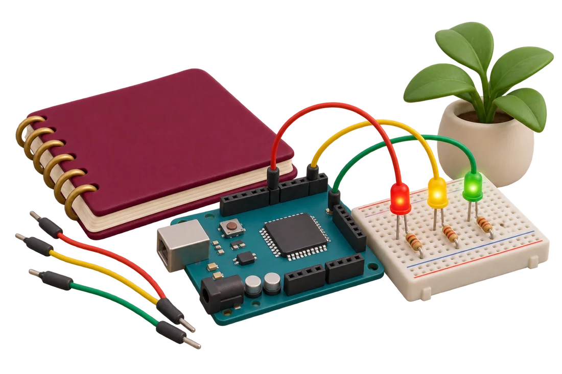 Microcontroller, breadboard, LED and connecting wires
