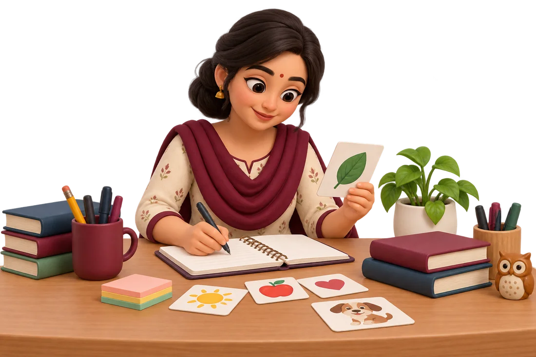 Educator preparing a lesson with activity cards and books