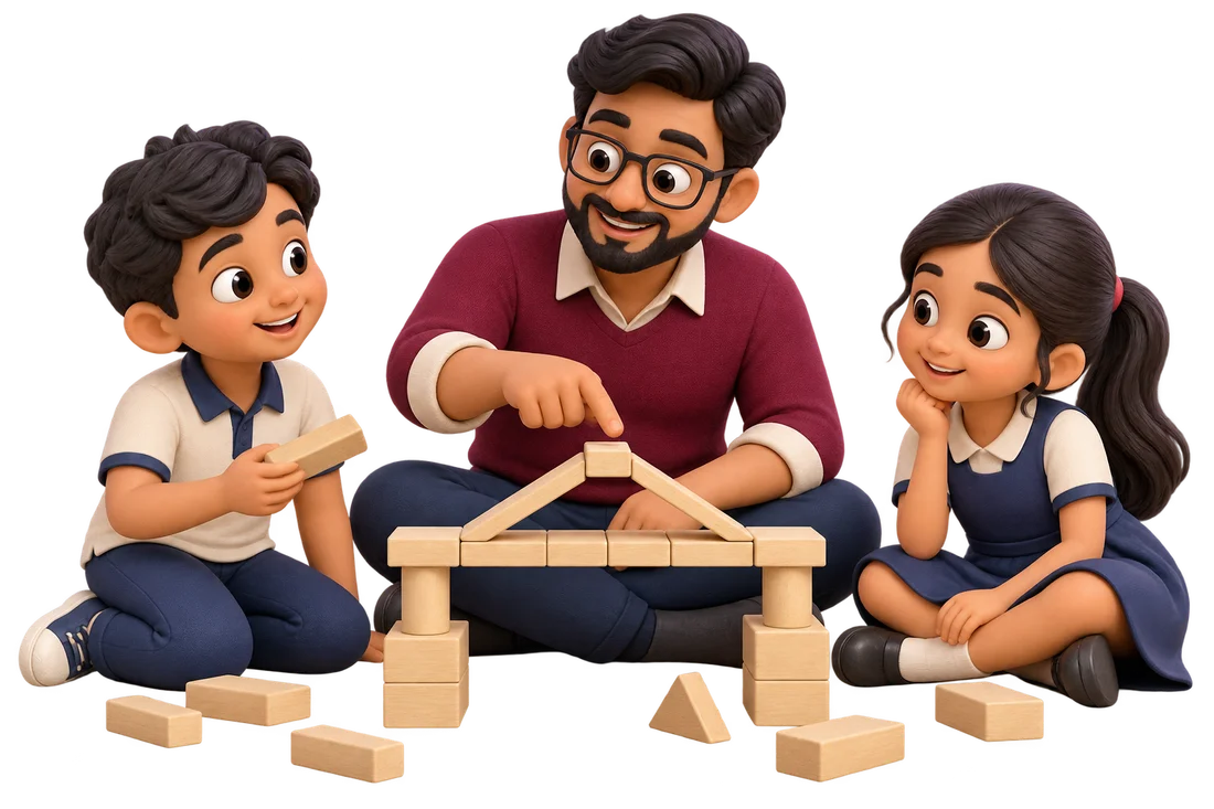 Educator and students building a wooden block bridge