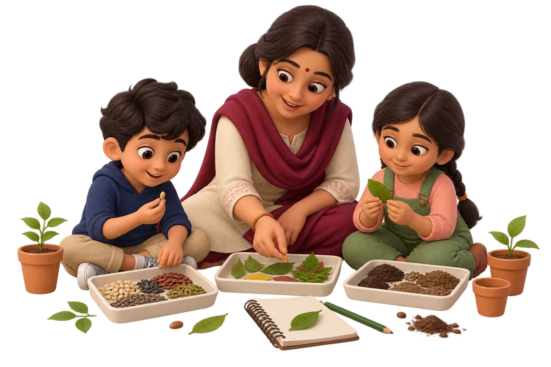 Teacher and children exploring seeds, leaves and soil