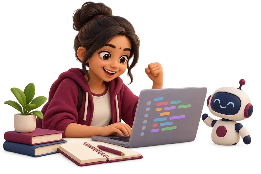 Student exploring programming with a laptop and friendly robot
