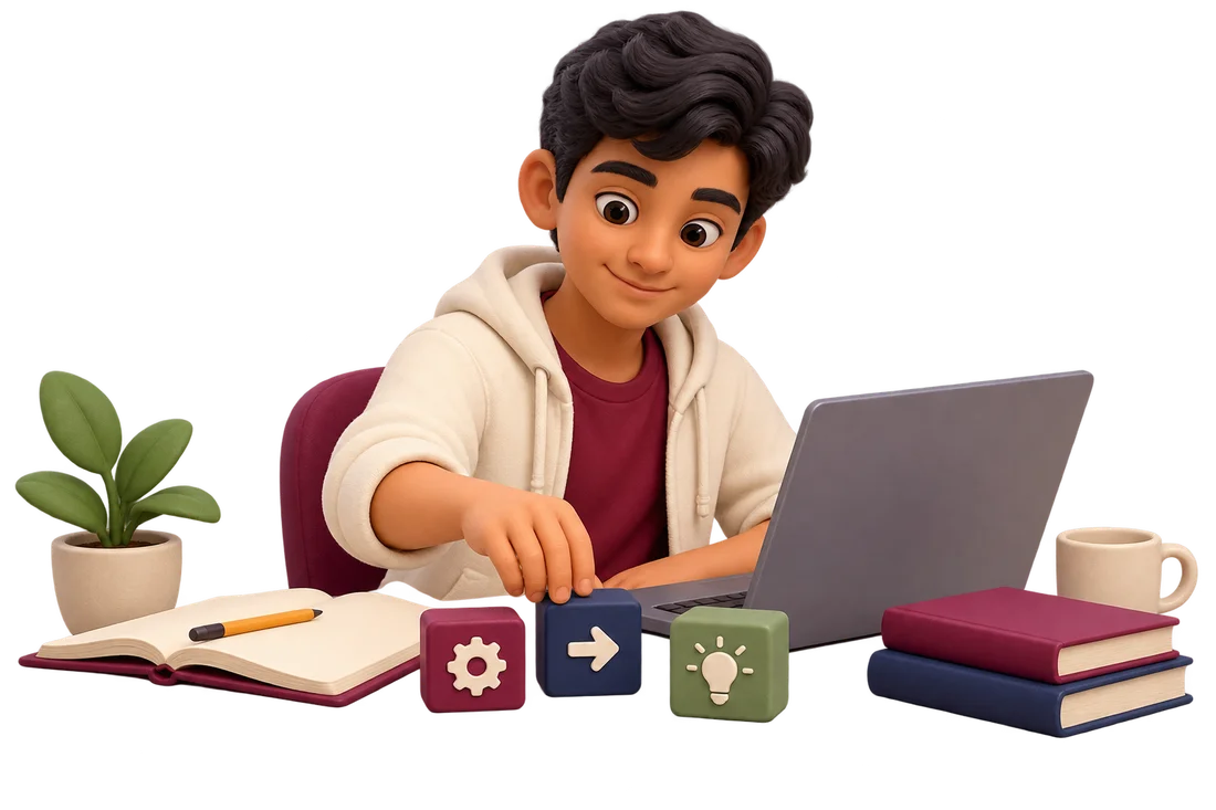 Student arranging logic blocks beside a laptop