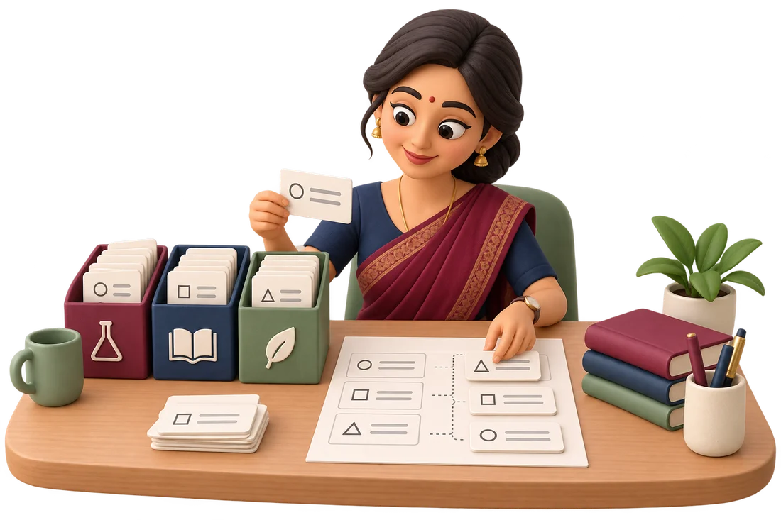 Teacher arranging question cards and assessment folders