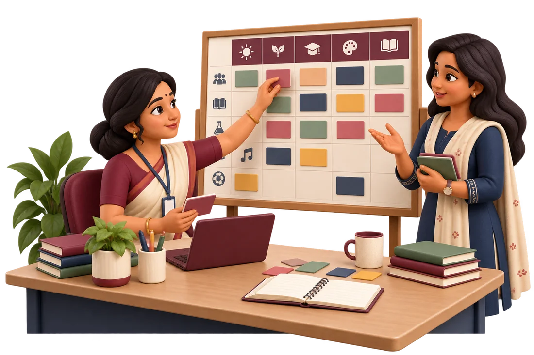School coordinators arranging lesson cards on a weekly timetable