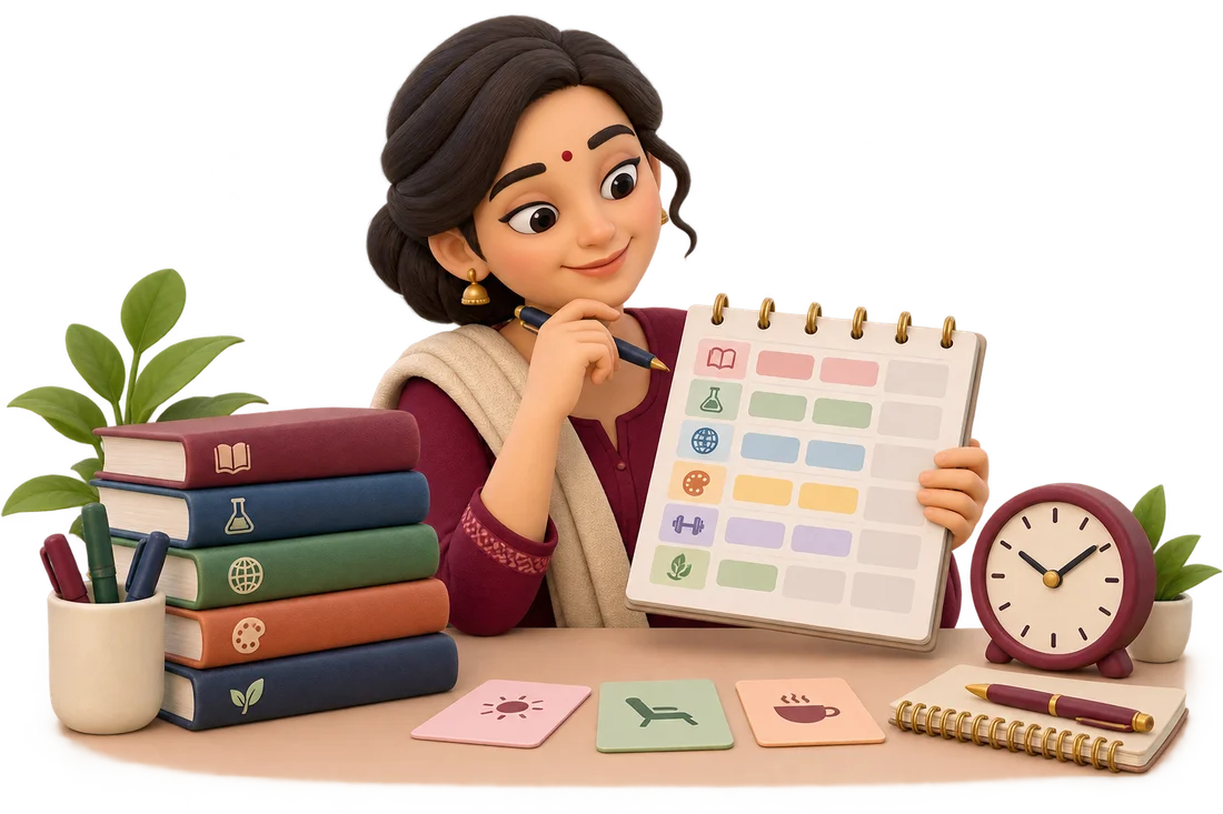 Teacher reviewing a weekly planner beside a clock and books