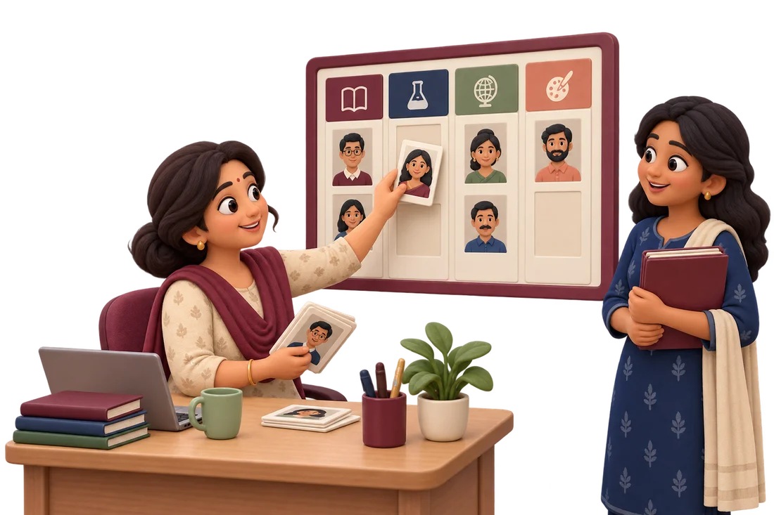 School coordinator arranging teacher cover on a planning board