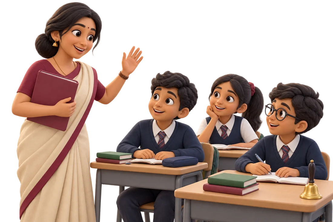 Substitute teacher welcoming students into a lesson